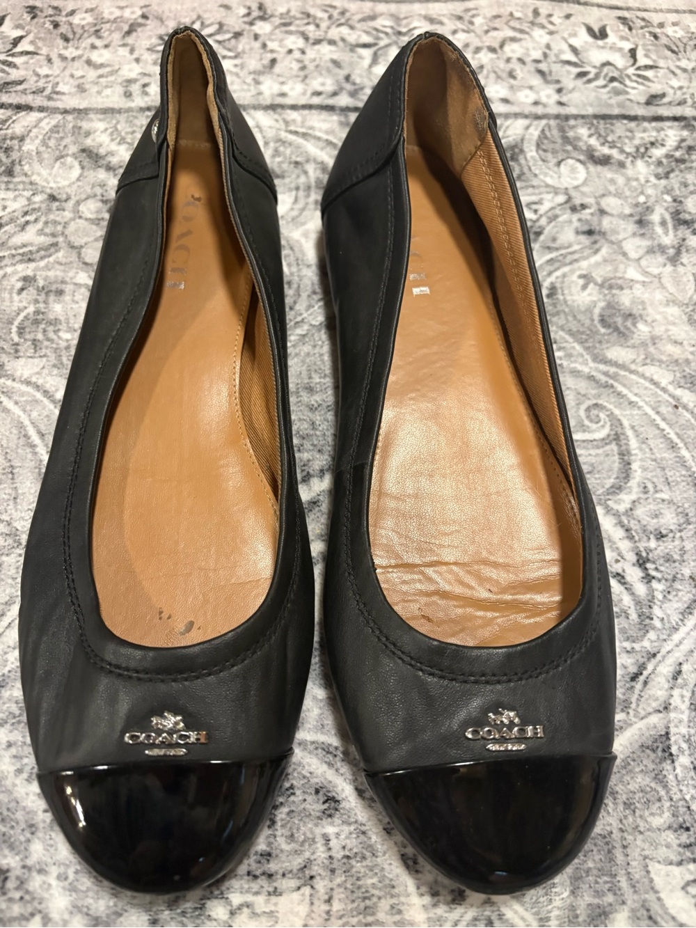Coach Black Leather Cap-Toe Ballet Flats with Tan Insole